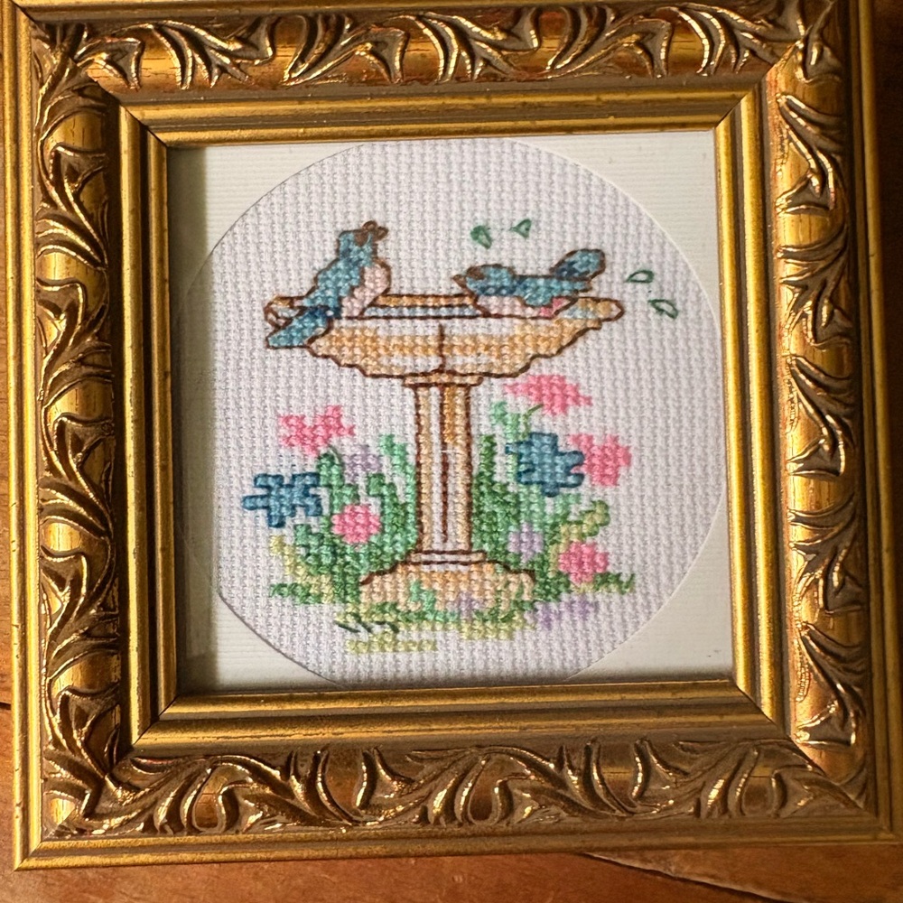Handmade Cross-Stitch Birdbath Fiber Art in Blue, Green, Pink